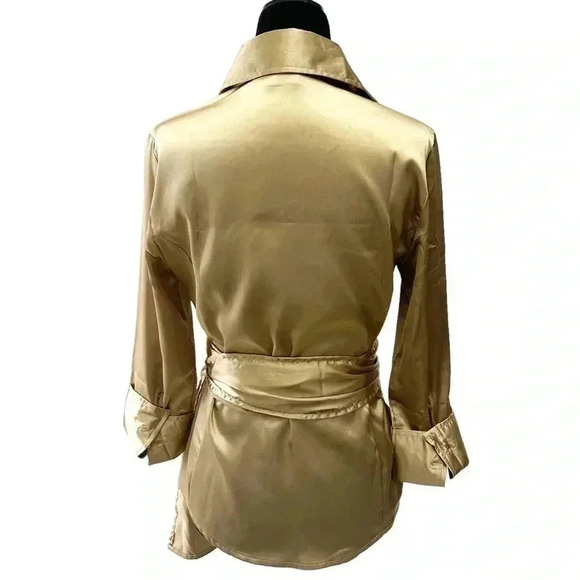 Suzy Shier Wrap Blouse Gold Satin V Neck Tie Waist 3/4 Sleeve Sash  Belt Size XS - Picture 2 of 16